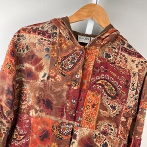 Vintage‎ Chico's Silk Hooded Top Size 2 Womens L/12 Brown Patchwork Button Up
